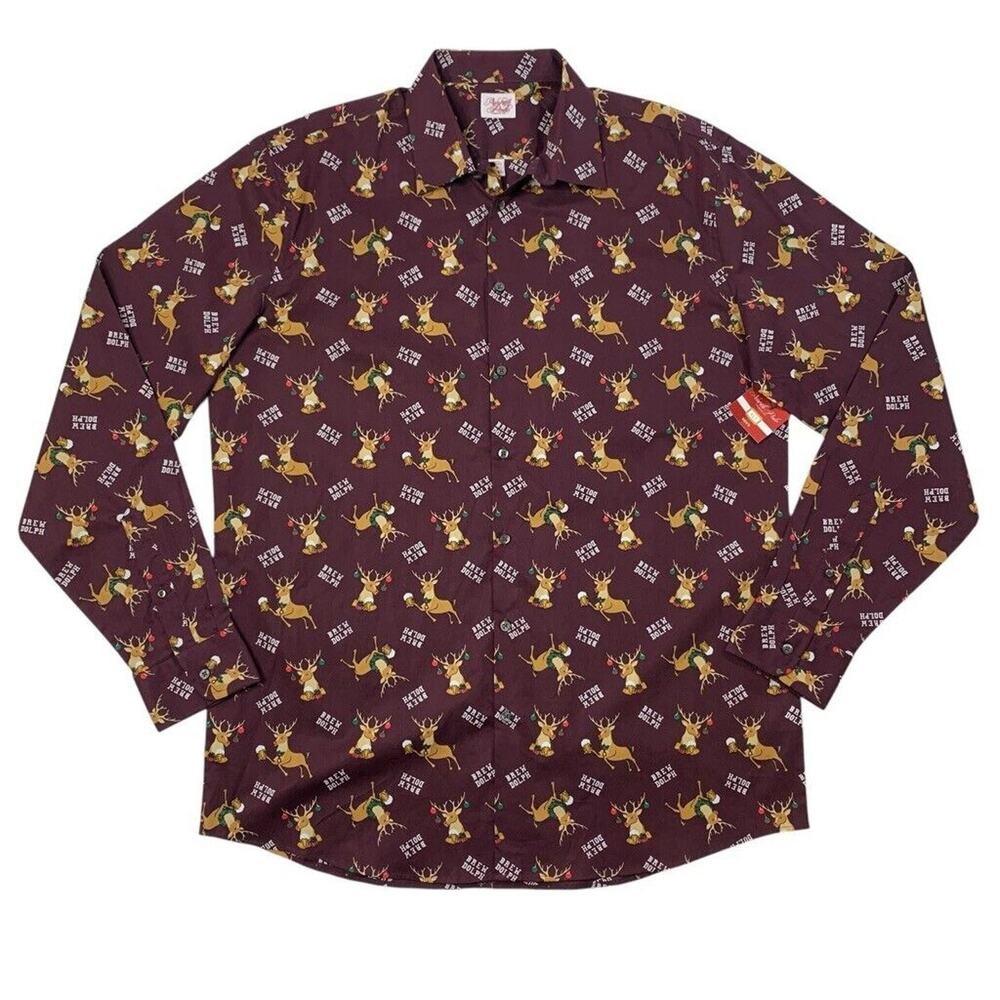 North Pole Shirt Mens XLT Tall Burgundy Brew Dolph Rudolph the Reindeer Holiday